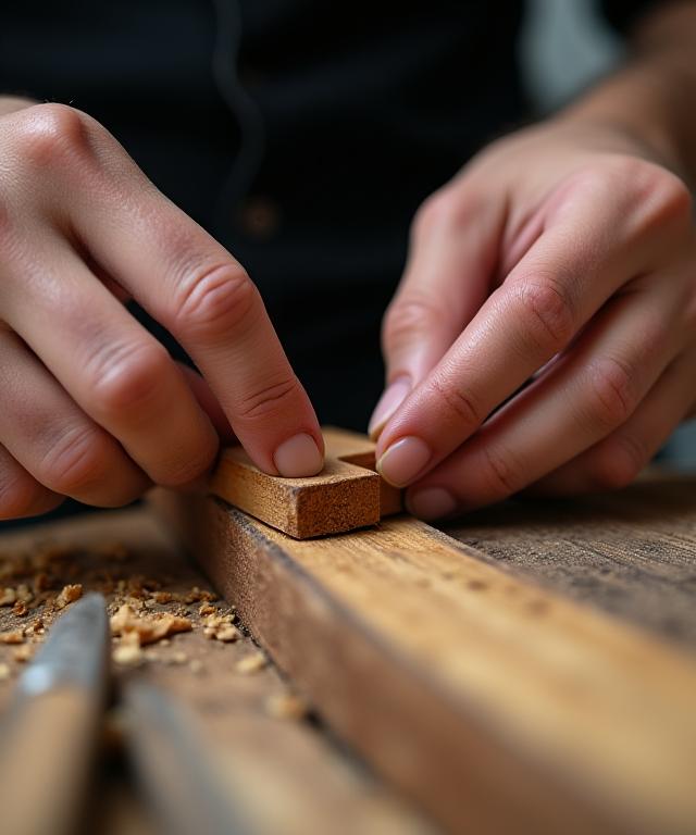 Dettaglio delle mani di un artigiano che lavora il legno con precisione.