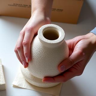 Vaso di ceramica artistica avvolto in materiale protettivo per il trasporto.