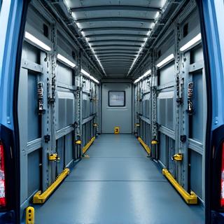 Interno di un furgone attrezzato con sistemi di ancoraggio per merci delicate.