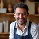 Ritratto di Marco Rossi, un artigiano ceramista sorridente nel suo laboratorio.