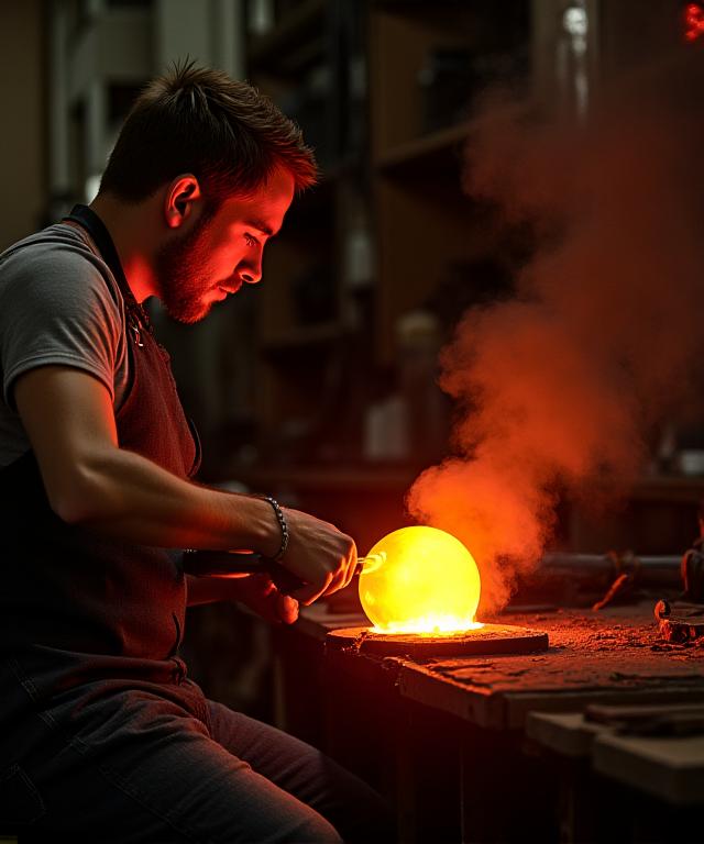 Maestro vetraio di Murano al lavoro con il vetro soffiato, simbolo di tradizione.
